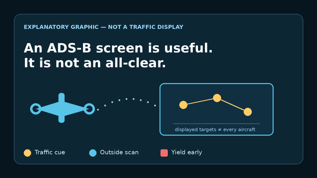 Explanatory graphic showing a drone, an incomplete traffic display and the safety cues traffic alert, outside scan and yield early.