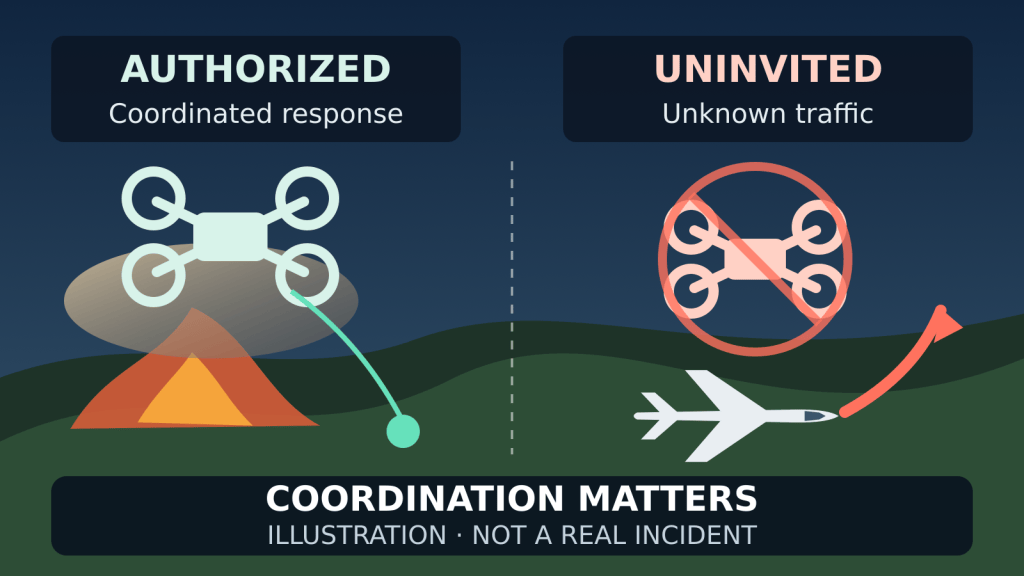 Editorial diagram contrasting an authorized wildfire-response drone connected to incident command with an uncoordinated public drone near an airtanker.